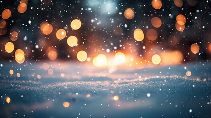 Obraz premium A winter background featuring softly falling snow and blurred bokeh lights, capturing the essence of a peaceful Christmas night.