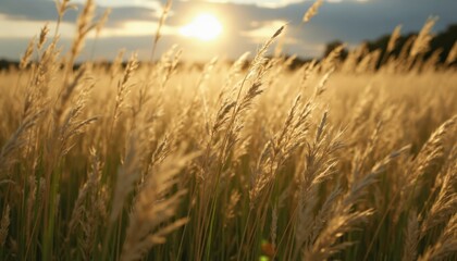 Obraz premium Golden Sunset Over Tall Grasses - Serene Nature Scene with Warm Light and Shadows