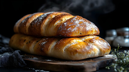 Freshly baked bread on wooden cutting board.