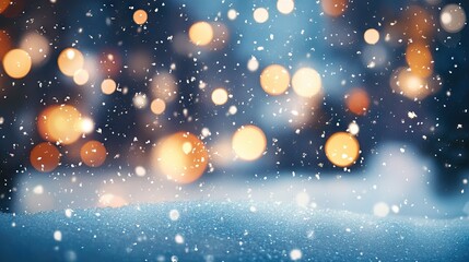 Fototapeta premium A winter background featuring softly falling snow and blurred bokeh lights, capturing the essence of a peaceful Christmas night.