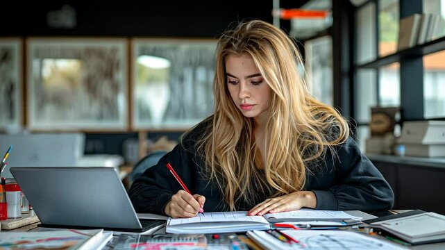 A young blond woman deeply focused on her work at a table with a tablet sitting in modern office.

