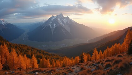 Majestic Autumn Sunset Over Mountain and Golden Forest Landscape - Vibrant Fall Colors, Scenic Nature View