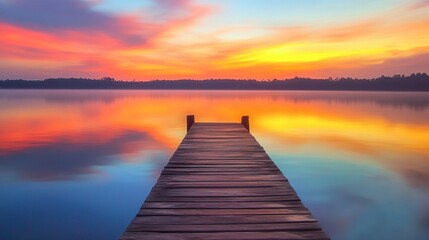 Obraz premium A quiet dock extending into a calm lake at sunset, with the sky ablaze in colors of orange and pink, and the still water reflecting the vivid hues.