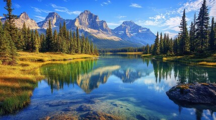 A serene mountain lake with crystal-clear water reflecting the surrounding peaks and a few scattered pine trees along the shoreline.