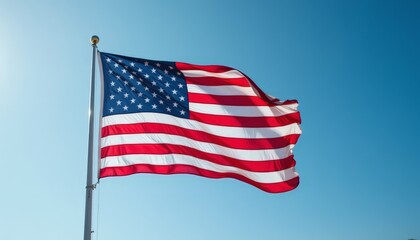 Obraz premium American Flag Waving Against Clear Blue Sky - Symbol of Patriotism and National Pride