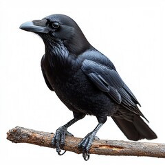 Fototapeta premium Portrait of a raven on a branch, perfect for Halloween-themed designs, invitations, and decorations with copy space.