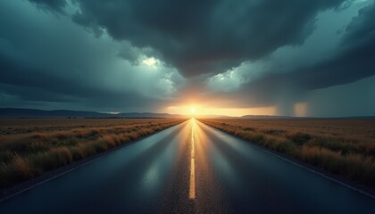 Dramatic Stormy Road: Dark Clouds and Rain Over a Lonely Highway