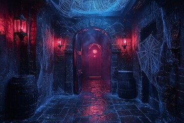 A spooky spiderweb-covered doorway leading into a dimly lit haunted house attraction for Halloween, with copy space.