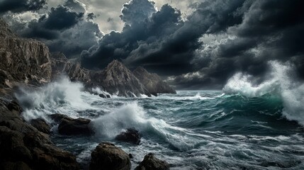Obraz premium A stormy ocean scene with dramatic waves crashing against jagged rocks, and dark clouds looming overhead, creating a powerful and moody atmosphere.