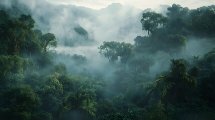 Lush tropical rainforest with dense foliage and mist covering the mountains.