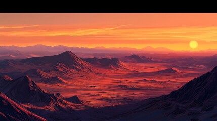 Naklejka premium A sunset over a desert mountain range, with the sky ablaze in shades of orange and pink, and the mountains casting long shadows across the arid landscape.