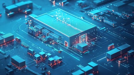 A hightech logistics hub with predictive algorithms analyzing big data to streamline fulfillment and tracking operations