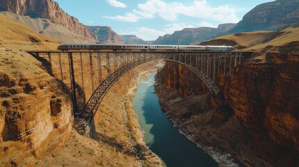 Naklejka premium A train crossing a high bridge over a deep canyon, with dramatic cliffs on either side and the river far below, showcasing engineering marvels in nature.