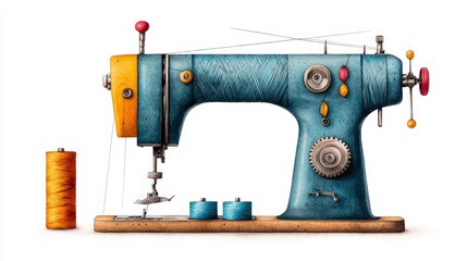 Vintage sewing machine with colorful spools of thread, perfect for craft, design, and textile-related projects.