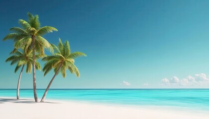 Tropical island with palm trees, pristine beach, turquoise water, 3D illustration