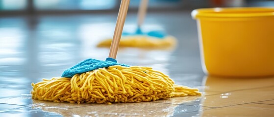 Yellow Mop Head on a Wet Tile Floor