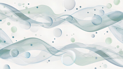 A background with white waves made of microscopic molecules, and small green circular bubbles floating in the air. The bottom is covered by blue curves and lines, creating an abstract pattern