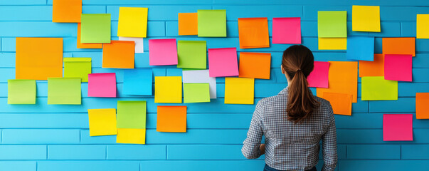 Colorful website wireframes pinned on a wall, collaborative design process, team brainstorming session