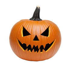 A spooky Halloween pumpkin with a menacing face, perfect for seasonal decorations and festive themes.