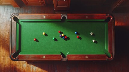 An overhead view of a snooker table with balls in play, showing the layout of a challenging shot, emphasizing the complexity of the game.