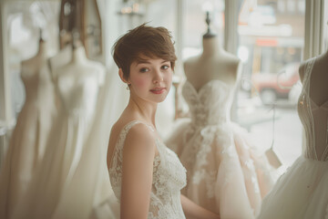 Fototapeta premium A beautiful woman is trying on wedding dresses in the shop, surrounded by white gowns of various styles, Her expression reflects joy as she is choosing one for herself, with the mannequins behind her