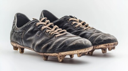 Black leather football soccer boots, dirty and scuffed from use, displayed on a white background, symbolizing the hard work and effort of the game.