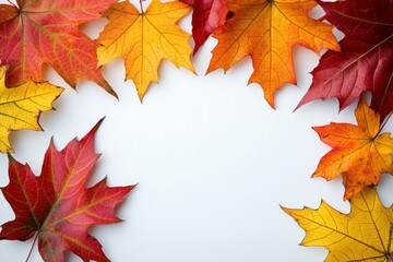 Fototapeta premium Autumn Maple Leaves Flat Lay White Background created with Generative AI