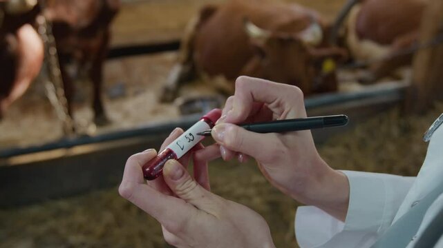 Close-up of hands of unrecognizable female veterinarian standing in cow shed, holding vial with blood for testing, writing animal identification number on sticker in black marker