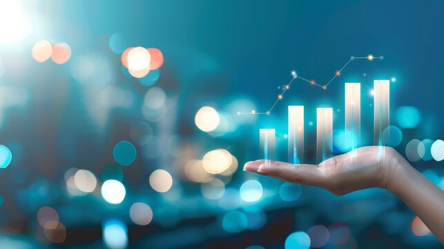 Businessman with graph in hand analyzing stock market changes Double exposure of city buildings blue candle holder The concept of online trading