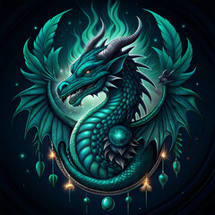 Majestic Mystical Dragon with Flame, Dreamcatcher Style, Scale and Stone Design