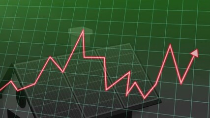 Rising red line graph animation over solar panels on house