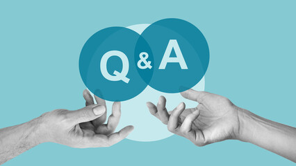 Questions and Answers Session. FAQ Information as frequently asked question. Solve Problem. Man and Woman hold bubbles with Q and A