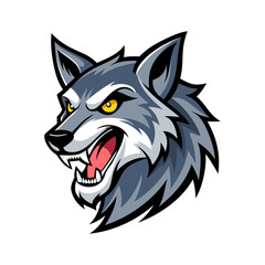 Wolf bares its teeth. Roaring wolf head logo or icon. Cartoon symbol, perfect for a mascot. Stock vector illustration.