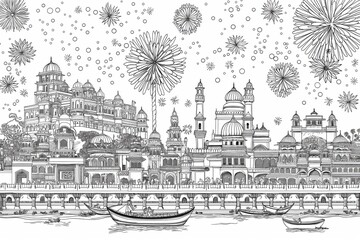 Obraz premium Black and white illustration of an elaborate indian cityscape with people enjoying a fireworks show