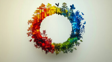 Beautiful illustration of a circle made of colorful trees representing the four seasons with birds and butterflies flying around