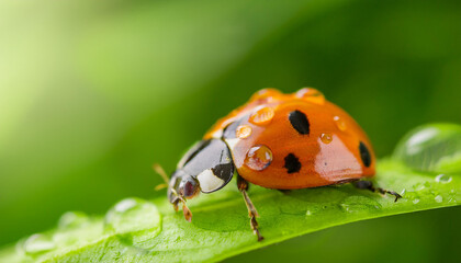 Fototapeta premium Lady bug on green leaf. Small insect. Ecology and environment concept. Close-up.