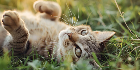 Obraz premium Content Cat Rolling Playfully in Lush Grass