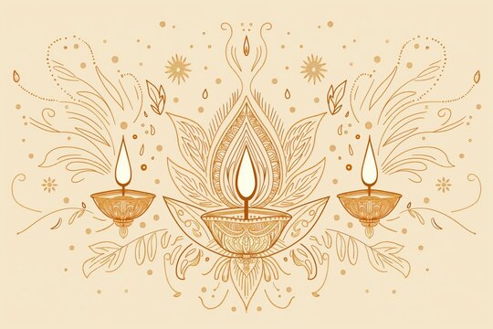 Intricate illustration featuring three ornate oil lamps, symbolizing prosperity and light during the diwali festival