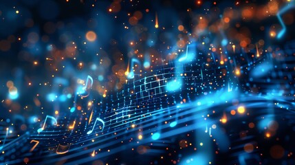 Fototapeta premium White glowing musical notes on black background, musical wave with music note and white sparkly line, light gold and dark amber tones Generative AI