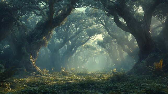 Sunlight breaks through the dense canopy of a misty forest, illuminating the path ahead.