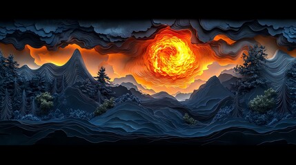 Papercut, Sonne, Berge und Wolken - Hintergrundbild