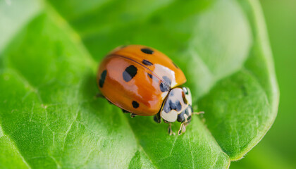 Naklejka premium Lady bug on green leaf. Small insect. Ecology and environment concept. Close-up.
