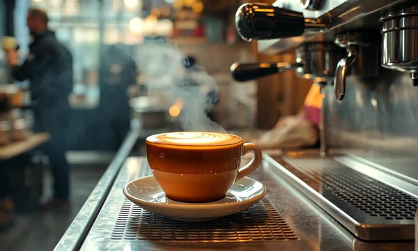 A cup of latte with steam coming from it