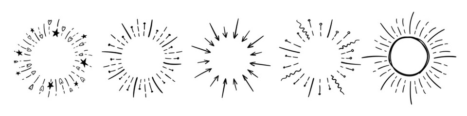 Doodles of circular drawings of fireworks, burst, explosions, sun rays. Hand drawn vector illustration.