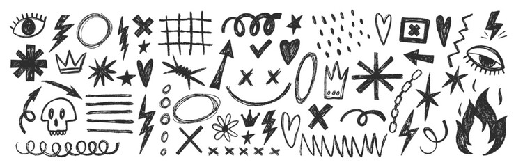Grange punk elements with chalk or crayon texture. Hand drawn graffiti shapes. Doodle vector illustration.