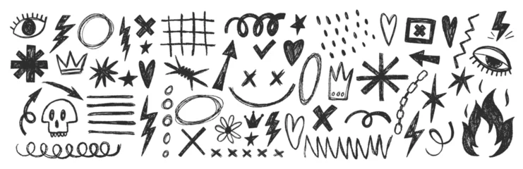 Fototapeten Graffiti Grange punk elements with chalk or crayon texture. Hand drawn graffiti shapes. Doodle vector illustration.  © Arina