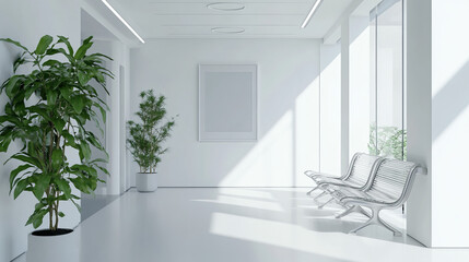 The interior design features a sleek and contemporary white corridor or hallway within a modern luxurious building. The space is designed with a minimalist approach, incorporating stylish waiting seat