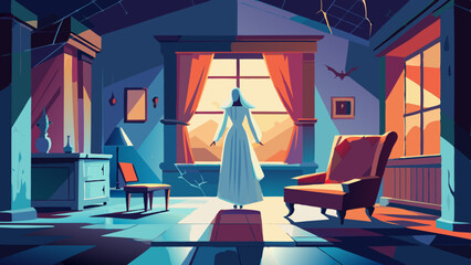 Spooky Haunted Castle Room with Princess Ghost and Cracked Walls