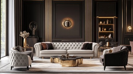 Luxurious living room interior with a white tufted sofa, black velvet armchairs, and a gold and marble coffee table.