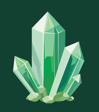 Green crystals ruby ​​diamond quartz emerald vector mineral gemstones different shapes shimmer and sparkle for advertising website games apps jewelry poster.